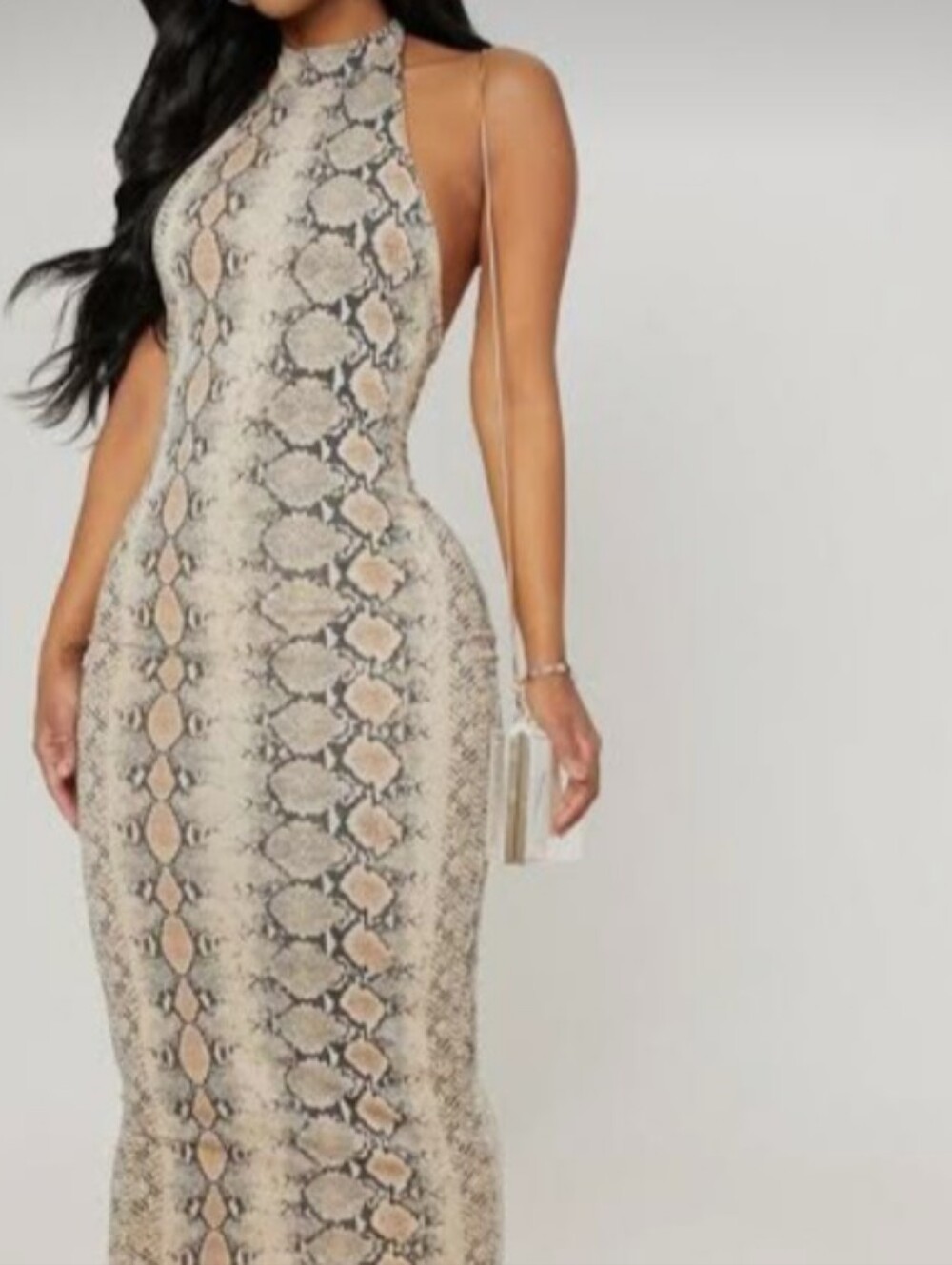 PrettyLittleThing Beige and Black Snake-Print Halter Maxi Dress